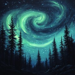 Wall Mural - Swirling aurora borealis over a dark forest at night.