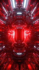 Wall Mural - a vibrant, abstract digital tunnel with reflective surfaces and striking red lighting, creating a fu