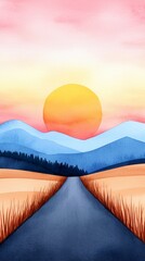 Poster - Farmland fields landscape sunset, A serene landscape featuring a sunset over rolling hills and a winding road through golden fields.