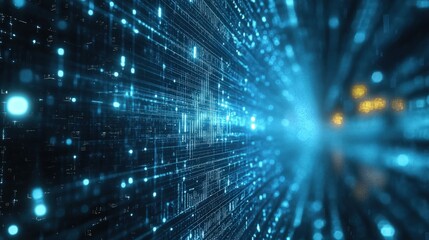 Abstract digital data stream flowing in a tunnel.