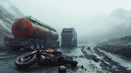 Wall Mural - A photojournalistic image depicting a serious accident between a sport motorcycle and a semi-truck. The scene captures the intense impact and significant damage resulting from the collision.

