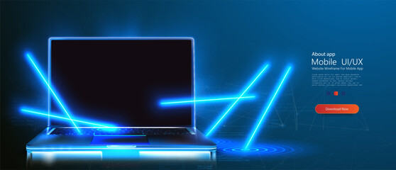 Leinwandbilder - A digital illustration of a sleek laptop immersed in neon blue beams and holographic lines. Ideal for technology, innovation, or futuristic design projects. 3d neon laptop screen vector illustration