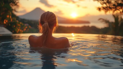 Poster - A woman enjoys a tranquil moment in a pool as the sun sets, creating a warm glow over the landscape, with a mountain in the distance and water gently rippling around her.