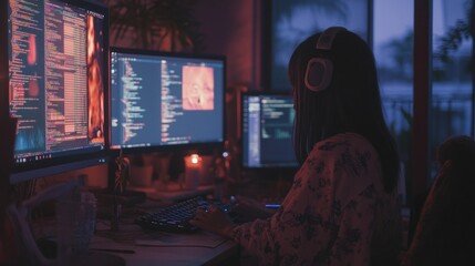 Woman programmer coding late at night, illuminated by monitor glow.