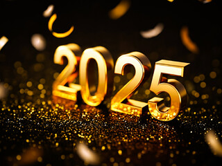 Sticker - new years 2025 number glowing with confetti. new years background