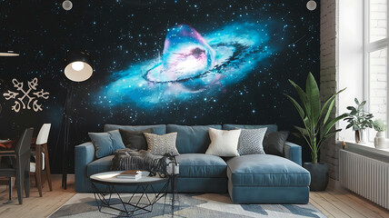 Wall Mural - interior design mockup Cosmic Cafe Deep blues and purples galaxythemed decor comfy seating a mystical and relaxed space Winter Wonderland Frost white ice blue silver gray Tattoo Flash Art