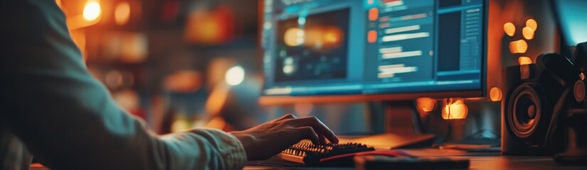 Person working on a computer with a glowing screen in a dimly lit room.