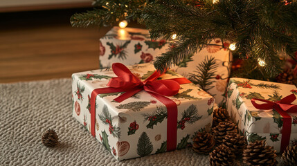 Wall Mural - close-up of wrapped Christmas presents under a tree with glowing lights, pine cones, and holiday ribbons.