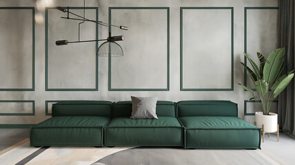 Wall Mural - interior design mockup Minimalist interior design of modern living room panorama Big corner modular sofa near stucco wall with frames Emerald and White Emerald green white gold dark gray Industrial D