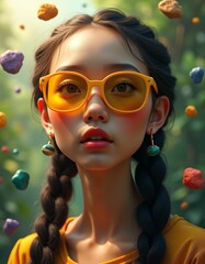 woman with afro braided hair and sunglasses with smooth facial features,red blue yellow green purple colors,sun rays,lights,realistic,flying colorful small natural stones,real live three dimensional