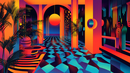 Wall Mural - and design, vibrant geometric shapes, bold colors, retro aesthetic, playful and abstract, dynamic pa