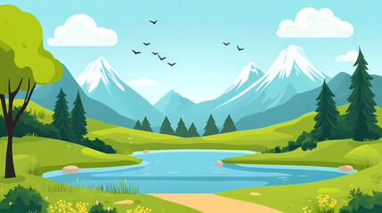Wall Mural - A beautiful landscape with a river, trees, and mountains in the distance. the sky is blue and there are white clouds. Edenic. Illustration