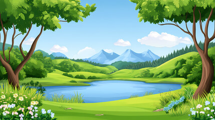 Wall Mural - A beautiful landscape with a river, trees, and mountains in the distance. the sky is blue and there are white clouds. Edenic. Illustration