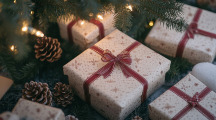 Wall Mural - close-up of wrapped Christmas presents under a tree with glowing lights, pine cones, and holiday ribbons.