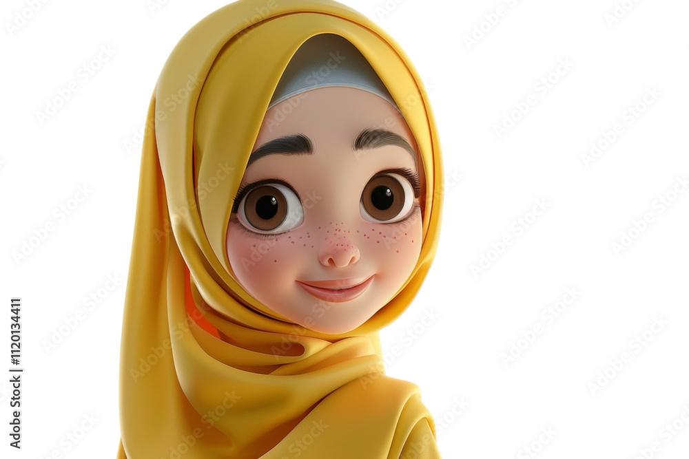 3D Cartoon portrait Muslim girl smiling character in golden yellow ...