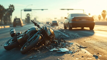 Wall Mural - A close-up realistic image capturing the crash between a motorcycle and a car. The scene focuses on the damage and the impact of the collision between the two vehicles.

