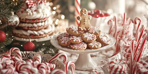 A close-up of holiday treats like gingerbread cookies and candy canes on a decorated table.