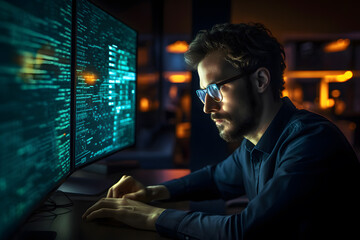 Male freelance developer coding and programming. Coding on two with screens with code language and application.