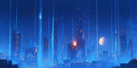 Wall Mural - create a futuristic night-time cityscape set in a deep blue color palette, featuring tall, sleek sky