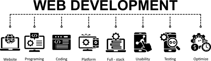 WEB Web development banner web icon for business, website, programing, usability, coding, developer, full stack, testing and optimize.