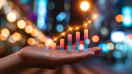 Wall Mural - urban growth: hand holding a glowing bar graph, symbolizing financial success and upward trajectory 