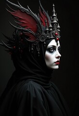 Wall Mural - Dark gothic art, macabre elegance, female with intricate headdress, pale face emerging from darkness