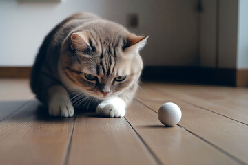 Poster - A tabby cat playing with a ball-and-track toy on a wooden floor in a minimalistic room.