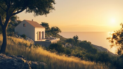 Wall Mural - Exterior view of a rustic mediterranean house overlooking the sea at sunset. Generative AI.