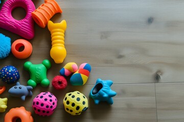 Poster - A selection of squeaky dog toys in vibrant colors on a wooden floor, modern aesthetic.