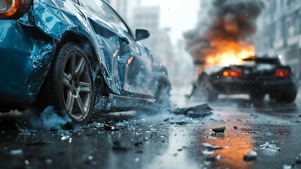 Wall Mural - A realistic depiction of a street accident involving two crashed cars. The scene captures the significant damage and aftermath of the collision on a busy street.

