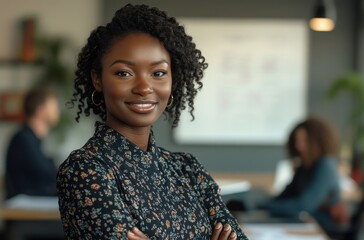 Wall Mural - Confident Businesswoman with Curly Hair in Modern Office Setting Engaging in Professional Environment