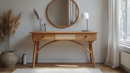 Light wood vanity table with two drawers, round mirror, and pampas grass.