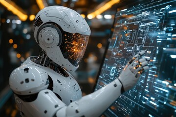 Poster - Advanced futuristic robot working with holographic control panel in digital space