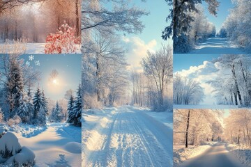 Sticker - Beautiful snowy winter forest collage showing different lighting and weather conditions