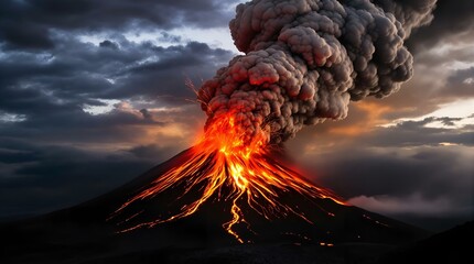 Wall Mural - a highly explosive volcanic eruption, with lava bursting out and heavy smoke rising, against a drama