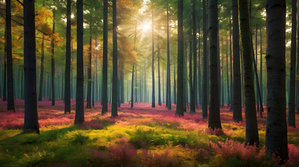  abstract natural landscape with geometric patterns and vibrant sunset colors emphasizing the calmness of evening landscapes