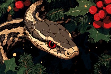 Canvas Print - Snake Resting Among Festive Holly Leaves and Bright Red Berries During the Holiday Season in a Vibrant Illustration