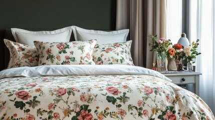 Wall Mural - Elegant Floral Bedding Set with Fresh Flowers in Cozy Bedroom