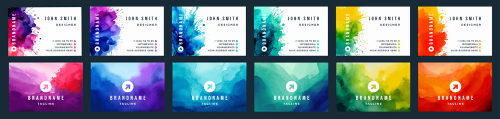 big set of bright colorful business card template with vector watercolor head silhouette on white ba