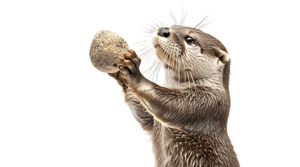 playful otter holding a pebble, isolated on white, cut out