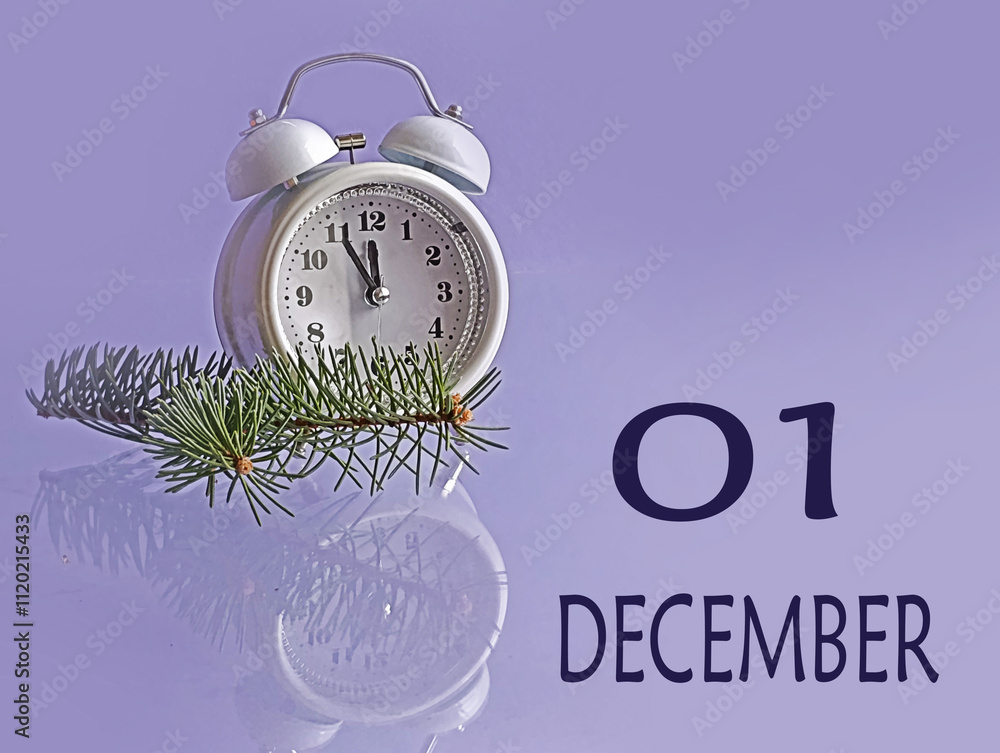 Calendar for December 1: white alarm clock on a pastel background ...