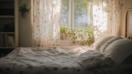 Wall Mural - Cozy bedroom with soft light and floral curtains by window