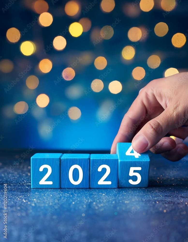 Hand turning wooden blocks to transition from 2024 to 2025 with blurred ...