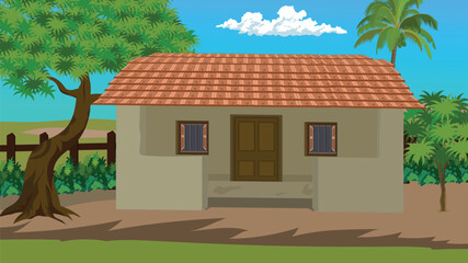 Wall Mural - house in the Village with old style hut room made of tiles.Countryside shack backg[round illustration