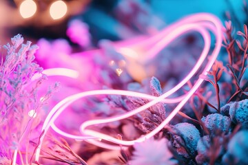 Vibrant pink neon lights entwined in delicate frosty flora