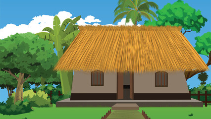 Wall Mural - Vector illustrator of a mud house in the forest sorrounded by palm tree,coconut trees,bushes and clouds under a blue sky