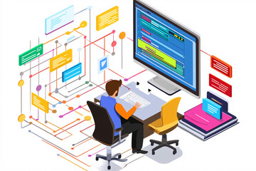 An illustration of IT professionals working with code displayed on a large screen for back-end and front-end programming