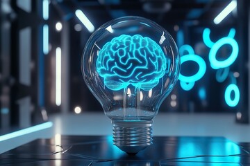 Lightning human brain inside a light bulb. Brainstorming concept. Idea or insight 3D render