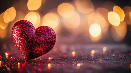 Close-up of heart shape set on red abstract glowing background with bokeh lights