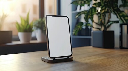 Wall Mural - a smartphone mockup with a blank screen propped up on a stand in a tech-savvy home office setup